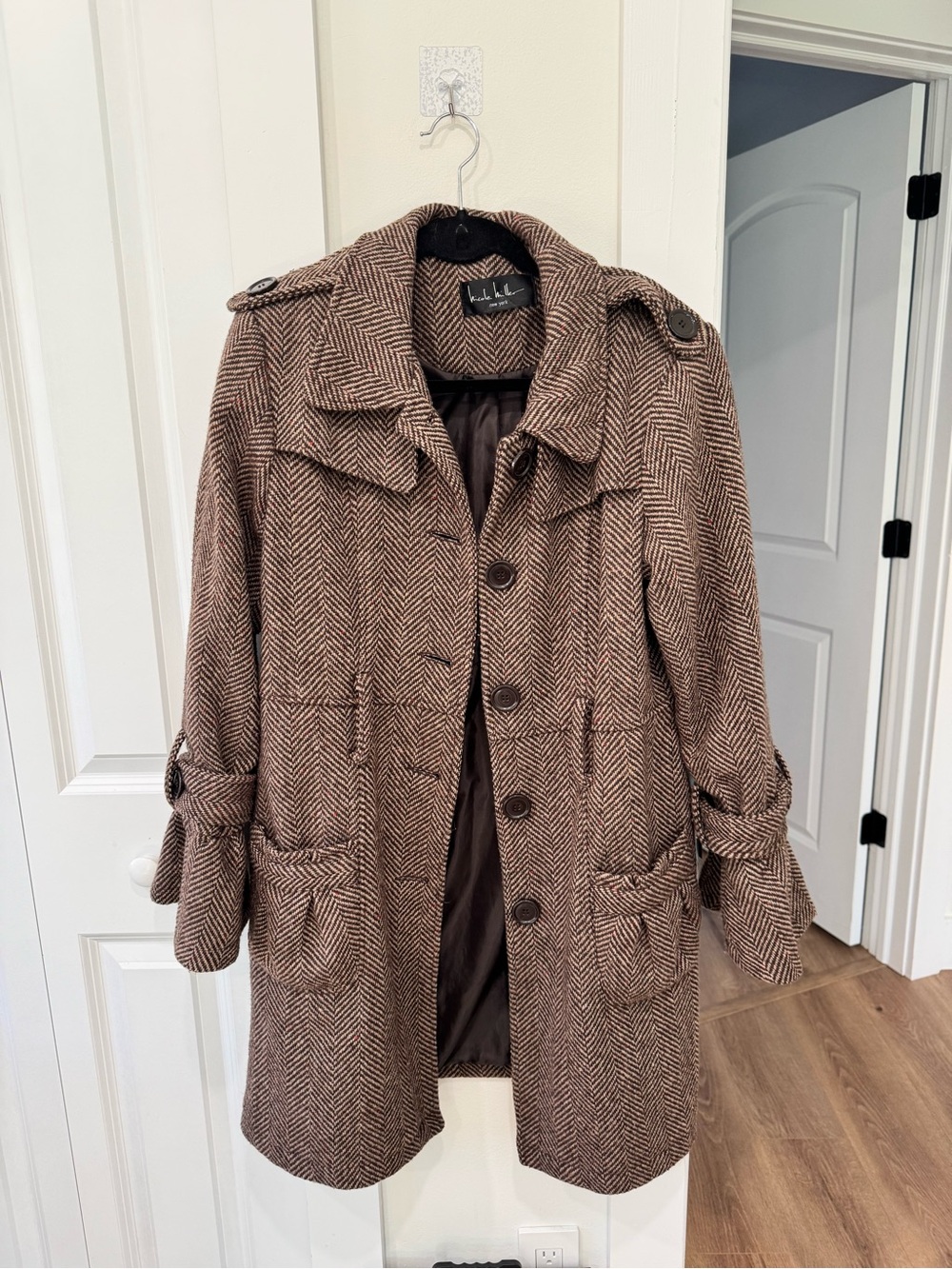 Nicole Miller Brown Herringbone Wool-Blend Peacoat